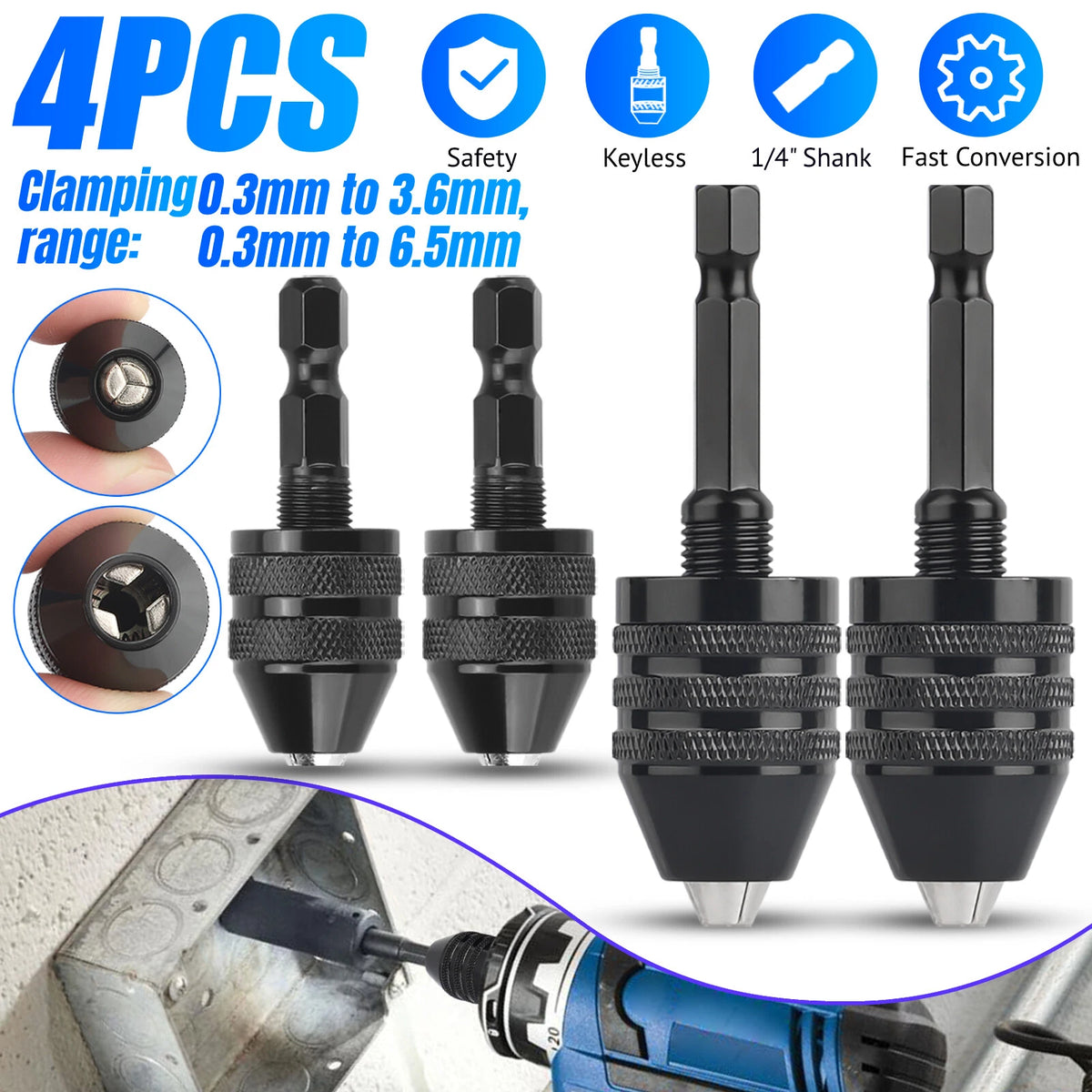 4X 1/4" Hex Shank Keyless Drill Chuck Conversion Adapter Bit Quick Change
