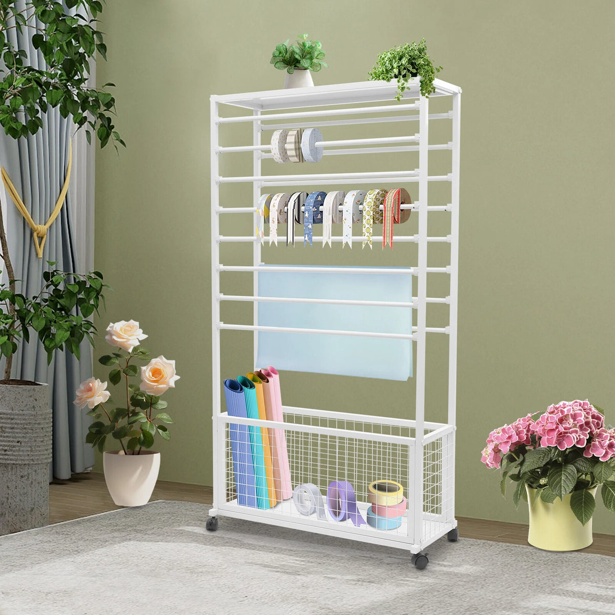 Floor Mount Mobile Ribbon Holder Organizer with Wheels