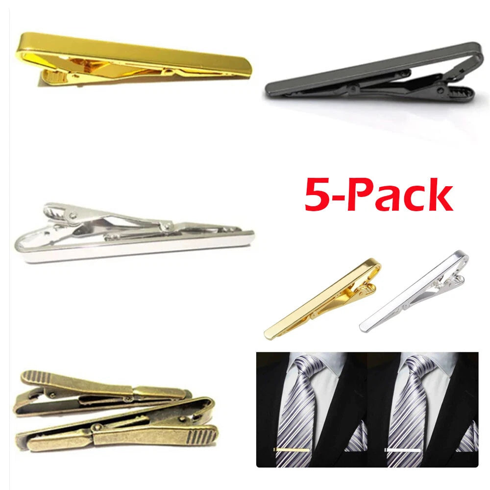 5Pcs Stainless Steel Tie Clip Set - Gold, Black, Silver