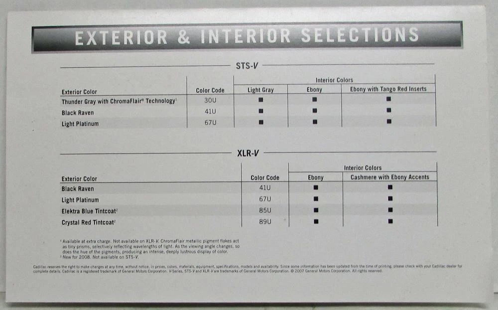 Exterior and Interior Color Selections for 2008 Cadillac V-Series
