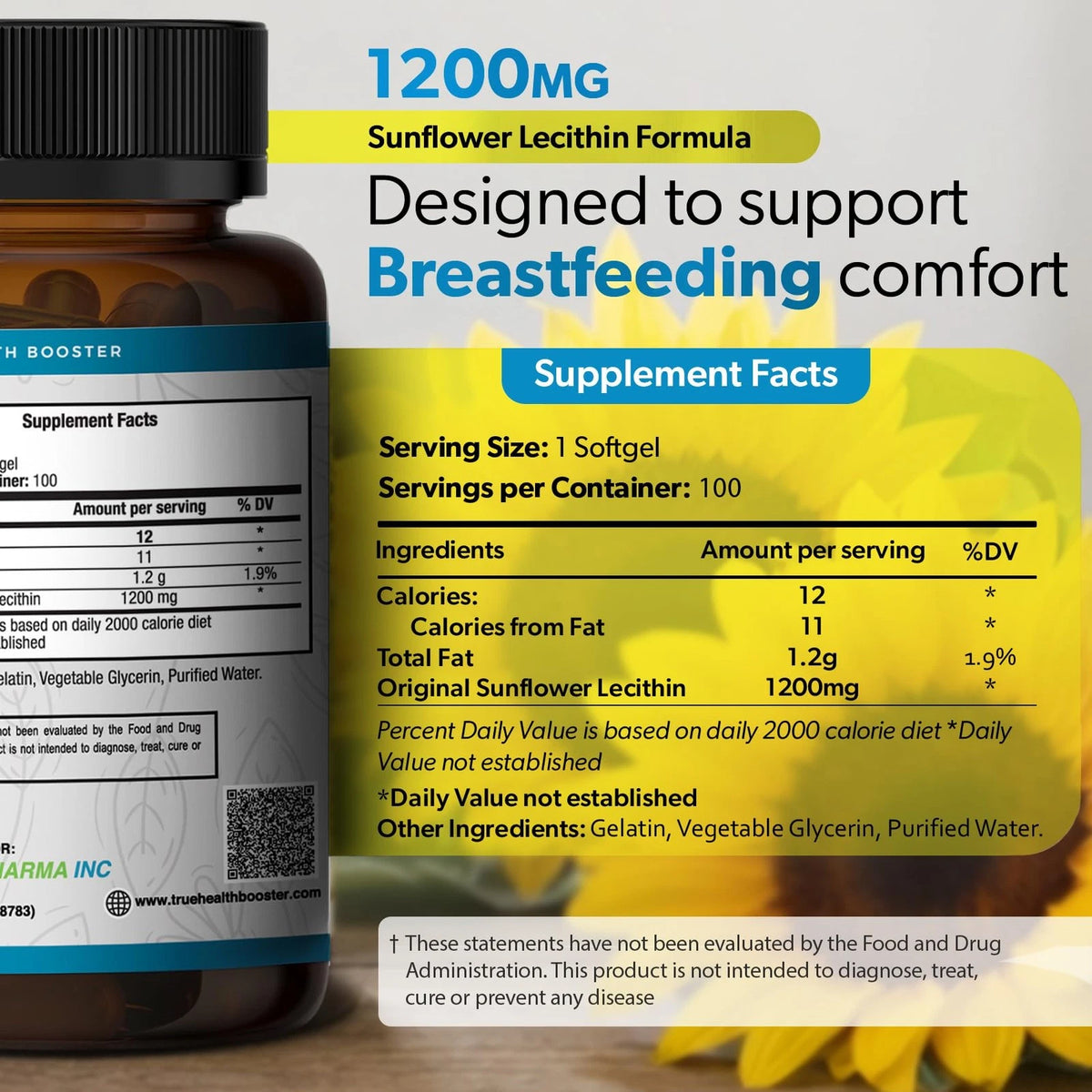 Organic Sunflower Lecithin 1200mg for Breastfeeding Support (100 Count)