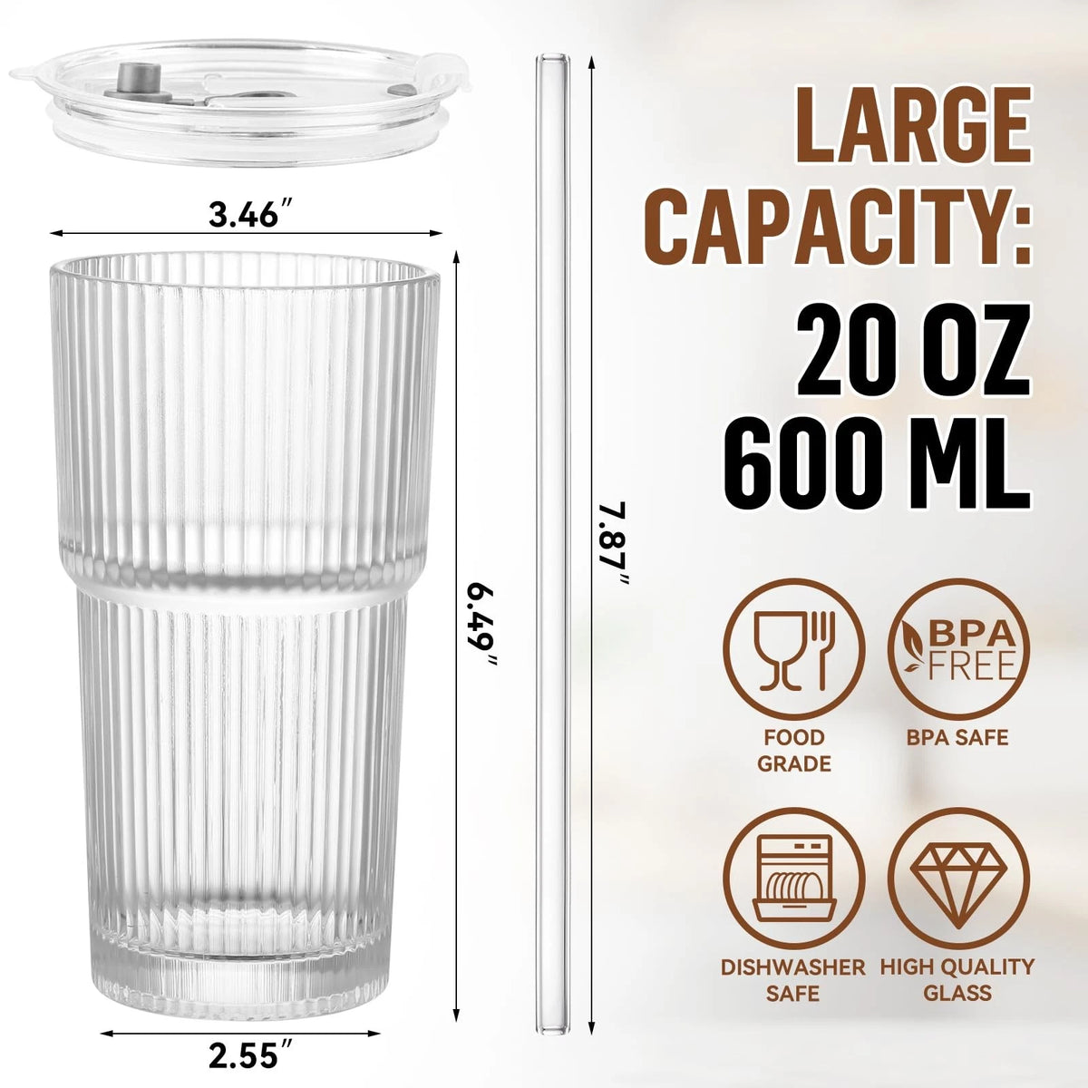 20 oz Glass Cup with Lid and Straw for Vintage Style Tumbler