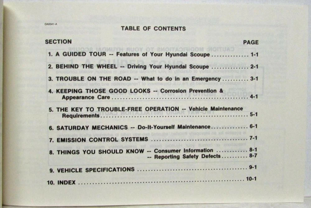 Owners Manual for Hyundai Scoupe (1991)