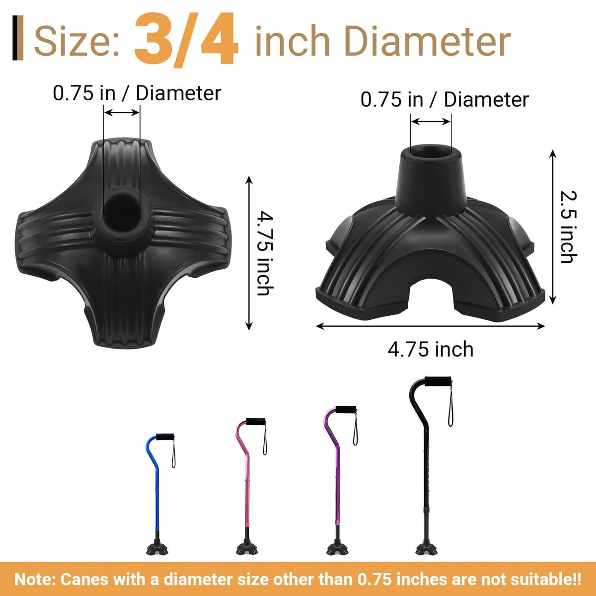 2X Cane Tips for Stability, Self Standing Base (Black)