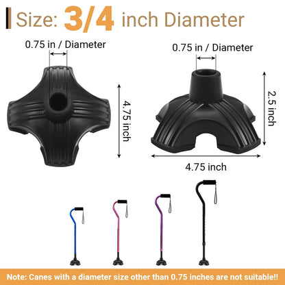 2X Cane Tips for Stability, Self Standing Base (Black)