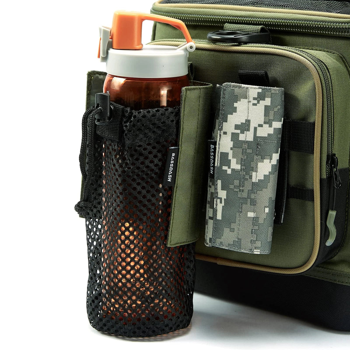 Water Bottle Pouch for Tactical Use with Carabiner and Foldable Mesh Holder