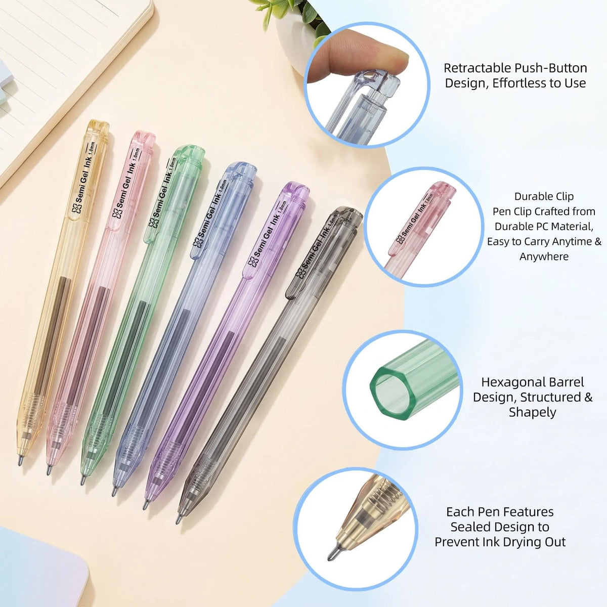 12 Pack Transparent Gel Pens 1.0mm Quick Dry Black Ink for Student Journal