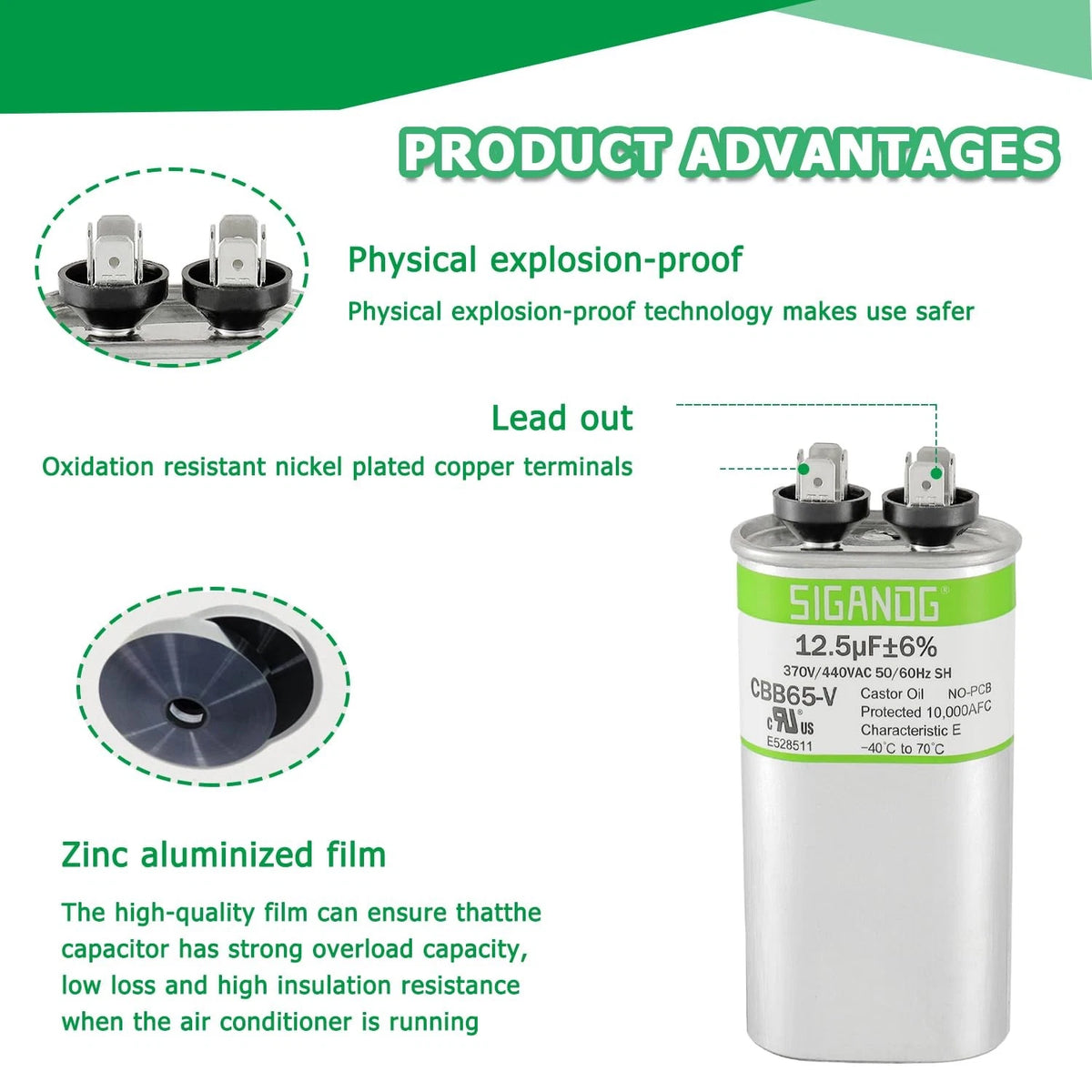 12.5uF 370V CBB65 Run Start Capacitor for Automotive Applications