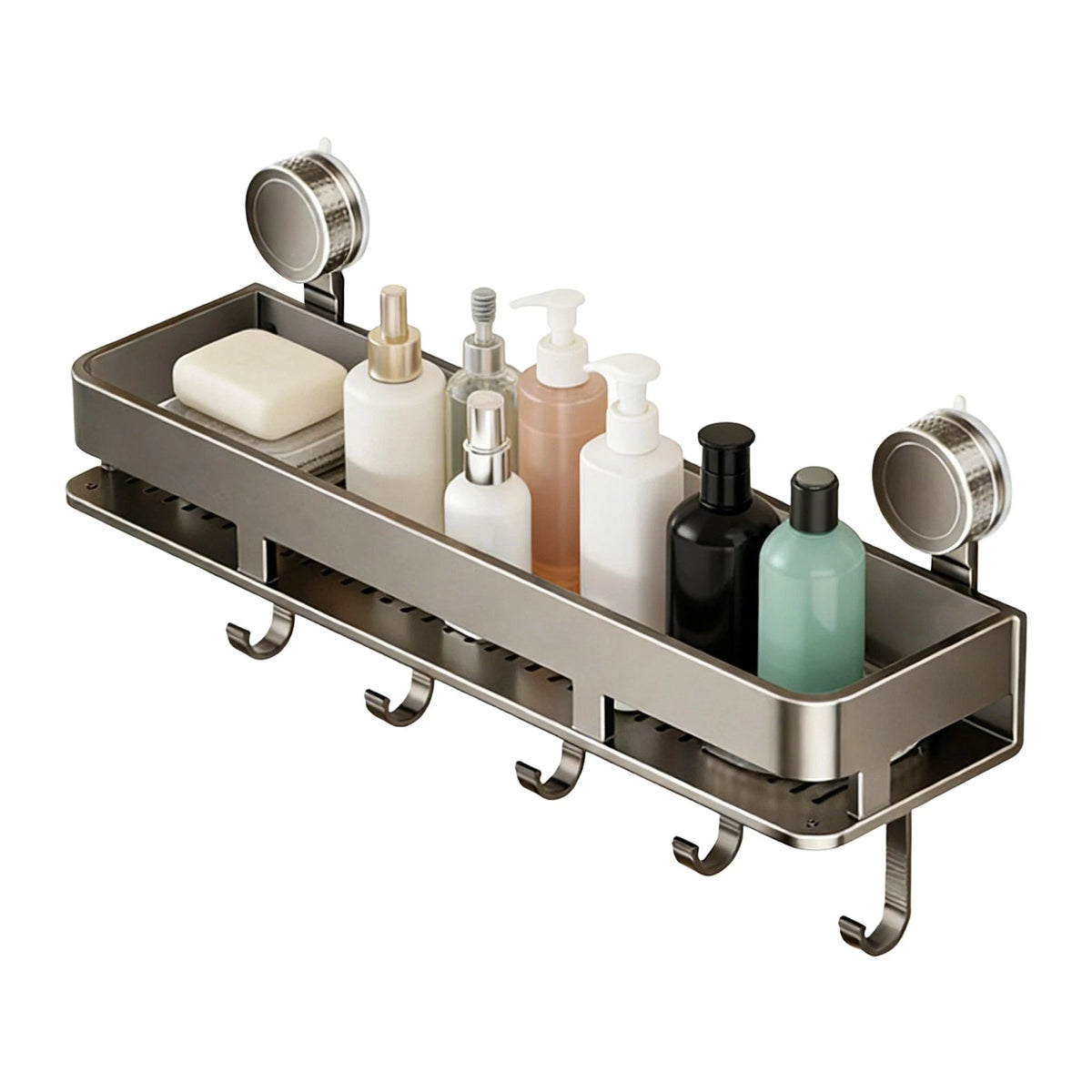 Suction Cup Shower Shelves for Wall-Mounted Organizer with 5 Hooks