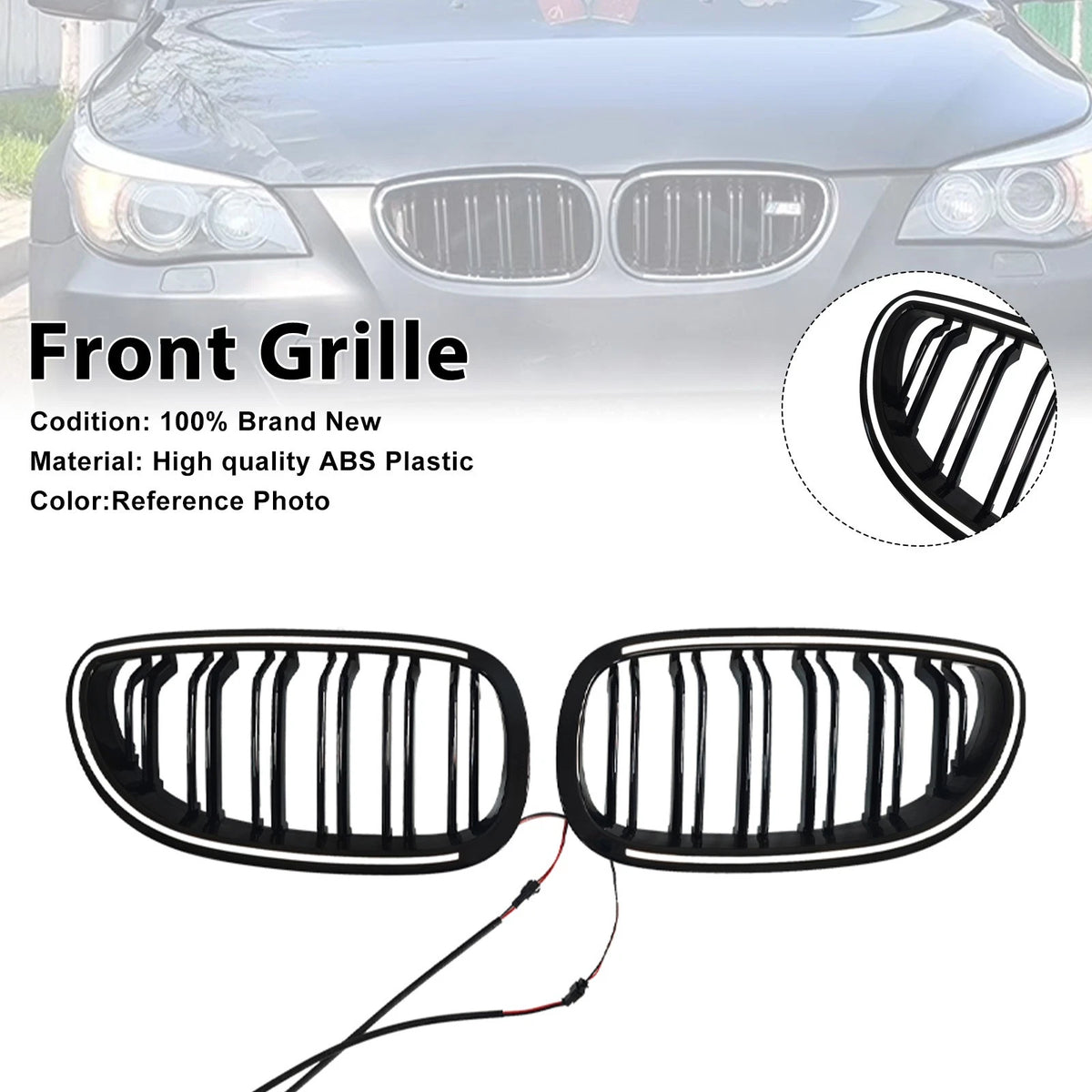 2X Glossy Black Front Sport Kidney Grille for BMW E60 E61 (2004–2009) Grille-294-A