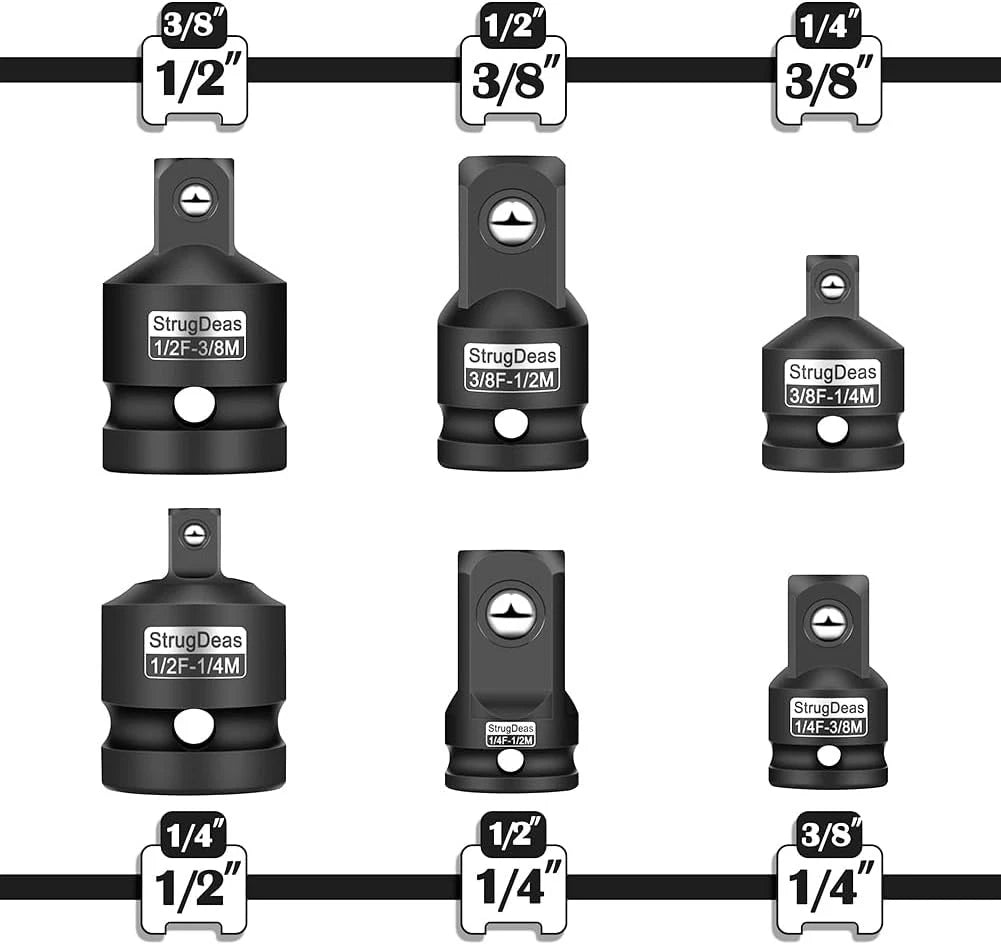 6 Piece Impact Socket Adapter and Reducer Set 1/4", 3/8", 1/2"