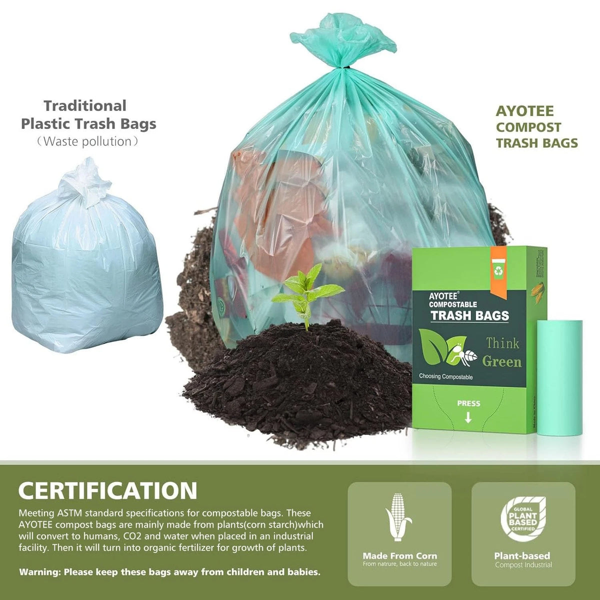 Compostable Trash Bags 13 Gallon for Tall Kitchen (45 Count)