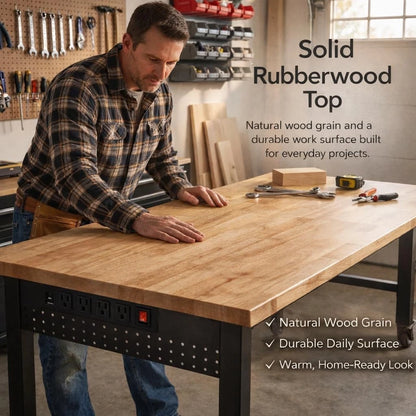 48" Adjustable Height Workbench with Wheels and Rubberwood Top