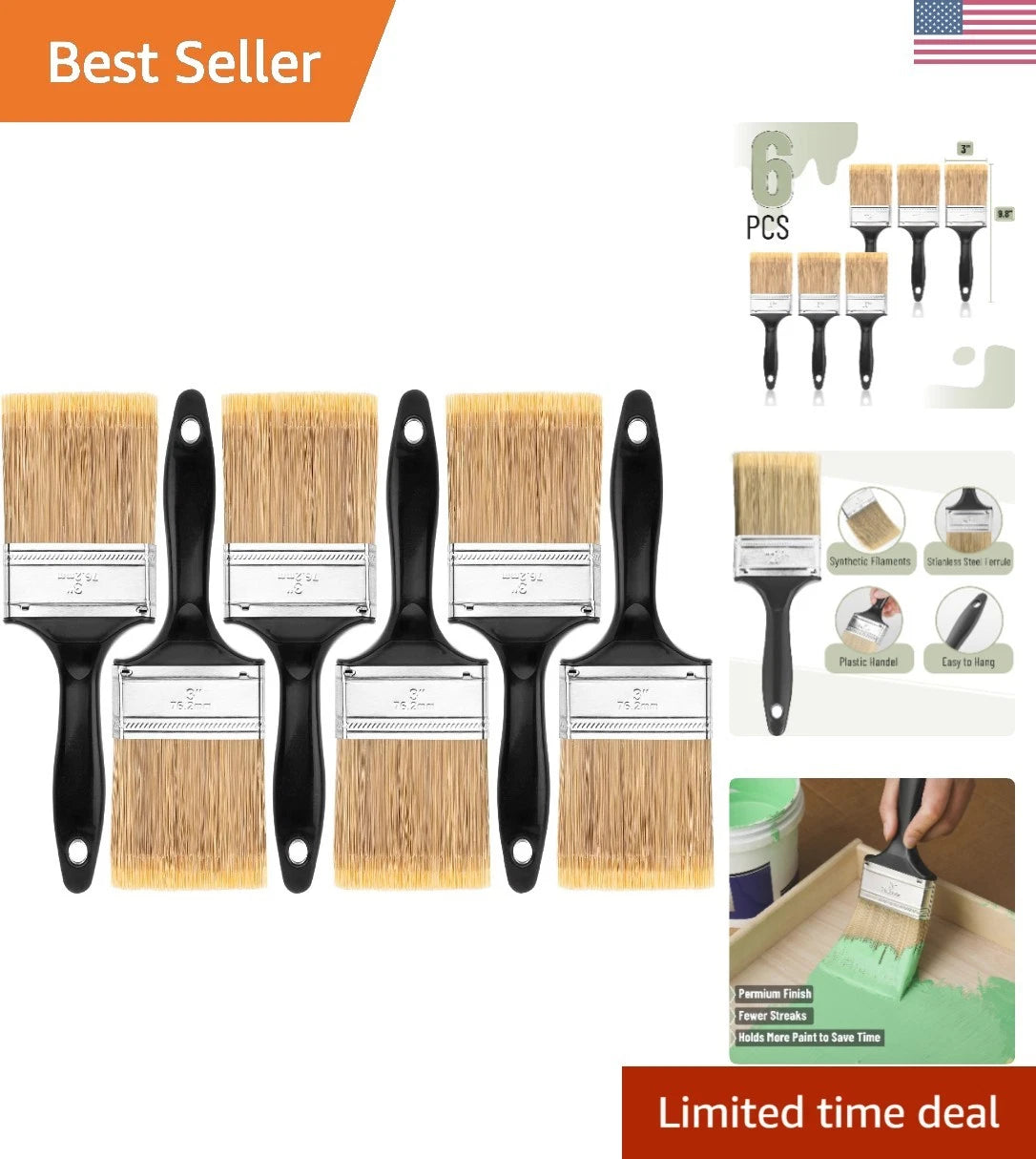 6X Synthetic Flat Paint Brushes for Professionals