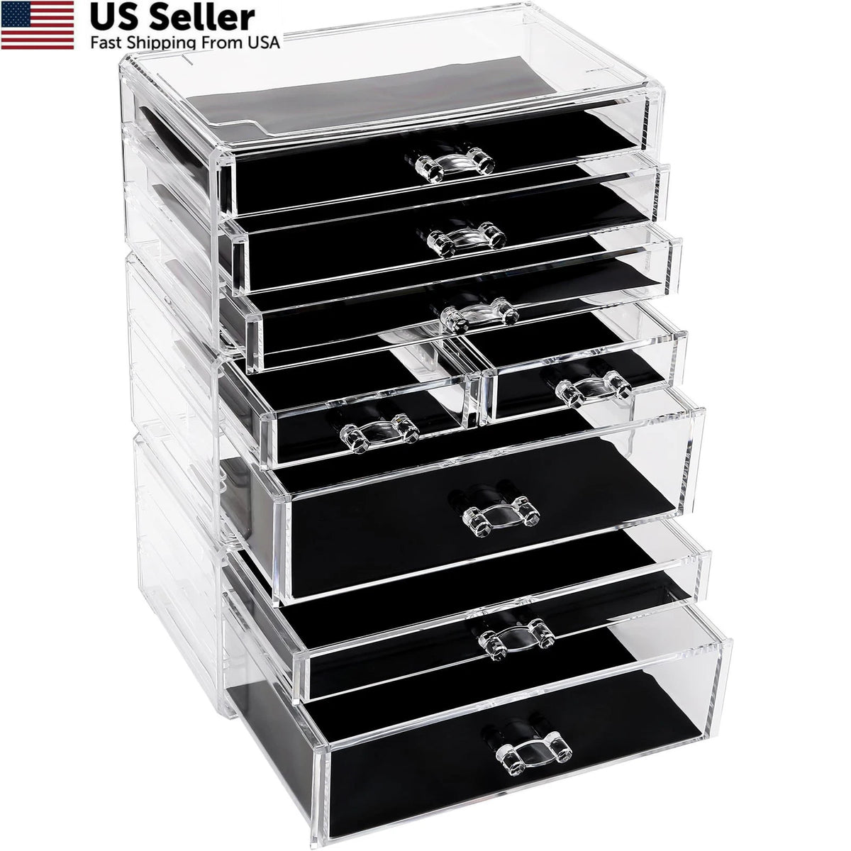 3-Tier Stackable Clear Makeup Organizer with 8 Drawers