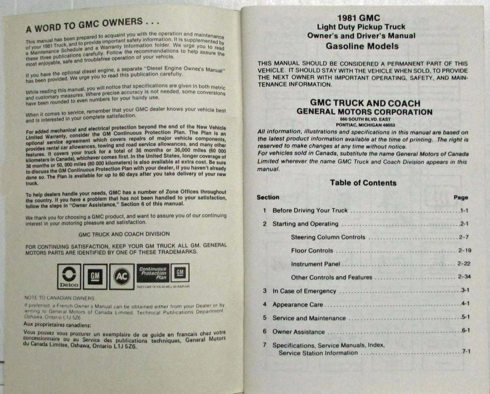 Owners and Drivers Manual for GMC C/K 10-35 Pickup (1981)