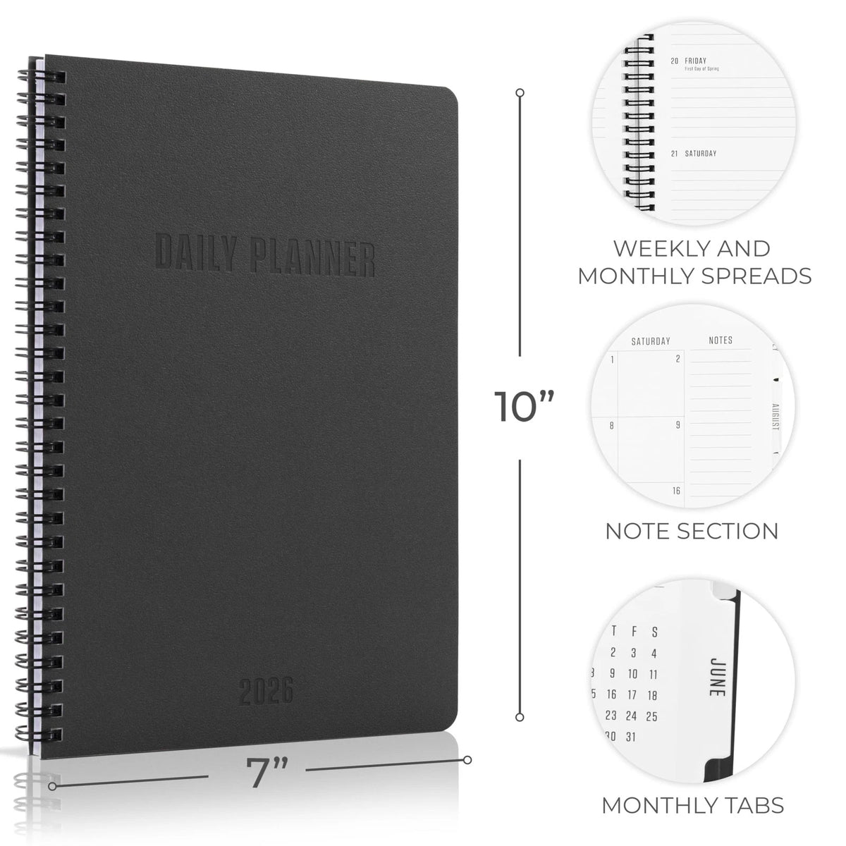 Durable Daily Planner for 2026 (7" x 10", Black)