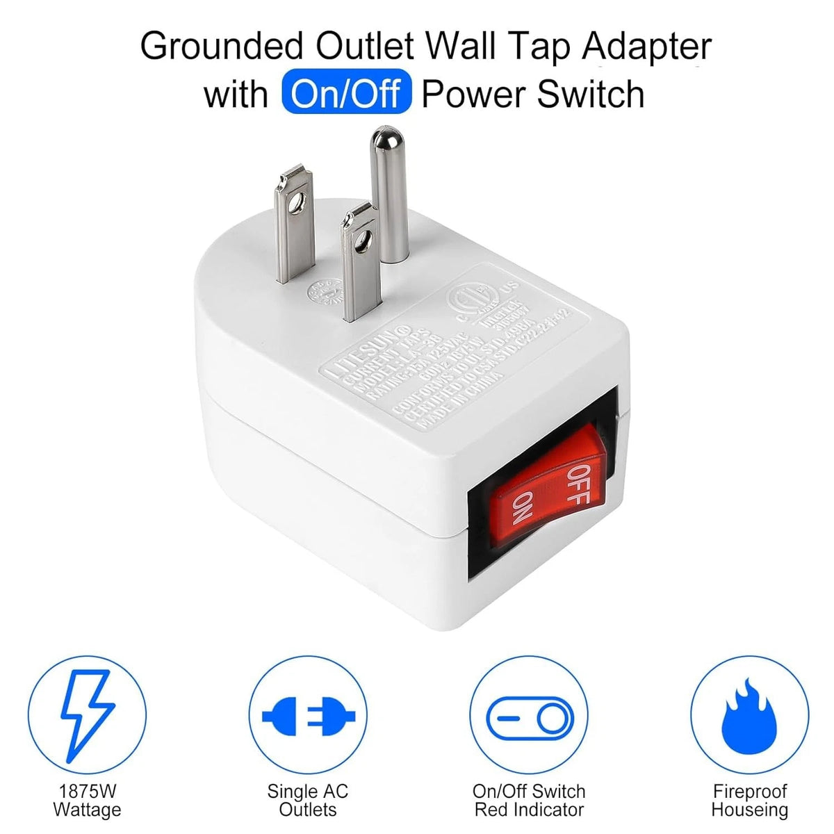 6X Grounded Outlet with On/Off Switch for Power Adapter