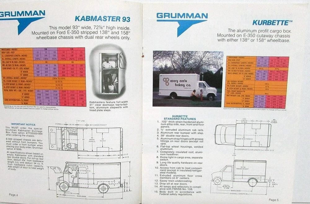 Grumman Aluminum Truck Body Data Book for Ford Chassis (1970s)