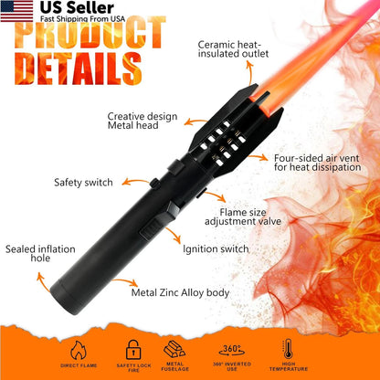 Camping Lighter Torch Straight Flame Refillable Black
