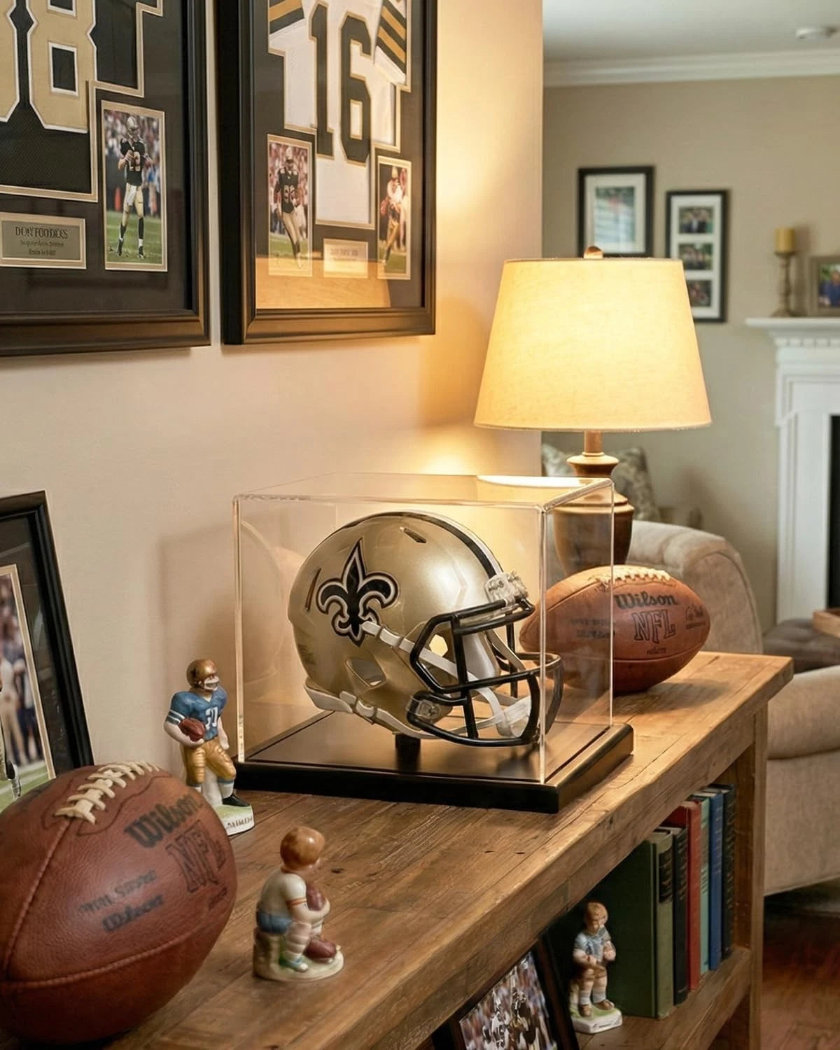 Mini Helmet Display Case with Solid Wood Base for Universal Use