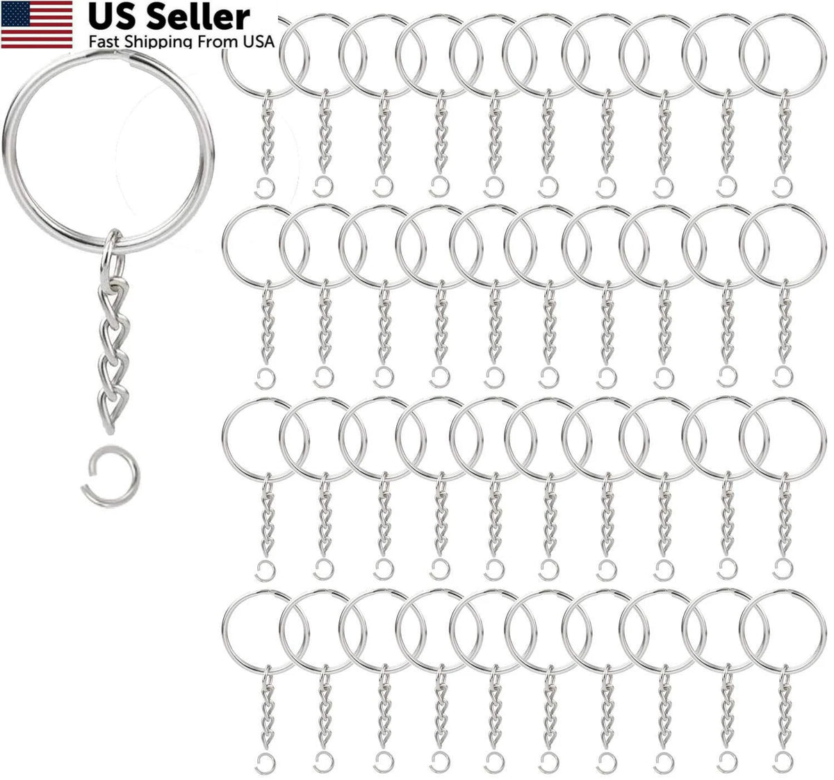 100 Pack Key Ring with Chain and Open Jump (1 inch)