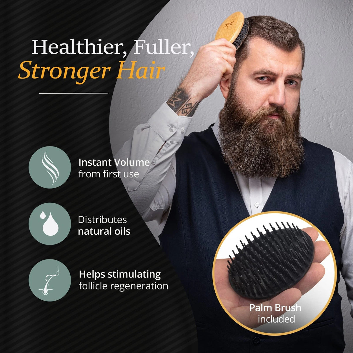 Set of 2 Boar Bristle Hair Brushes for Men (Black)