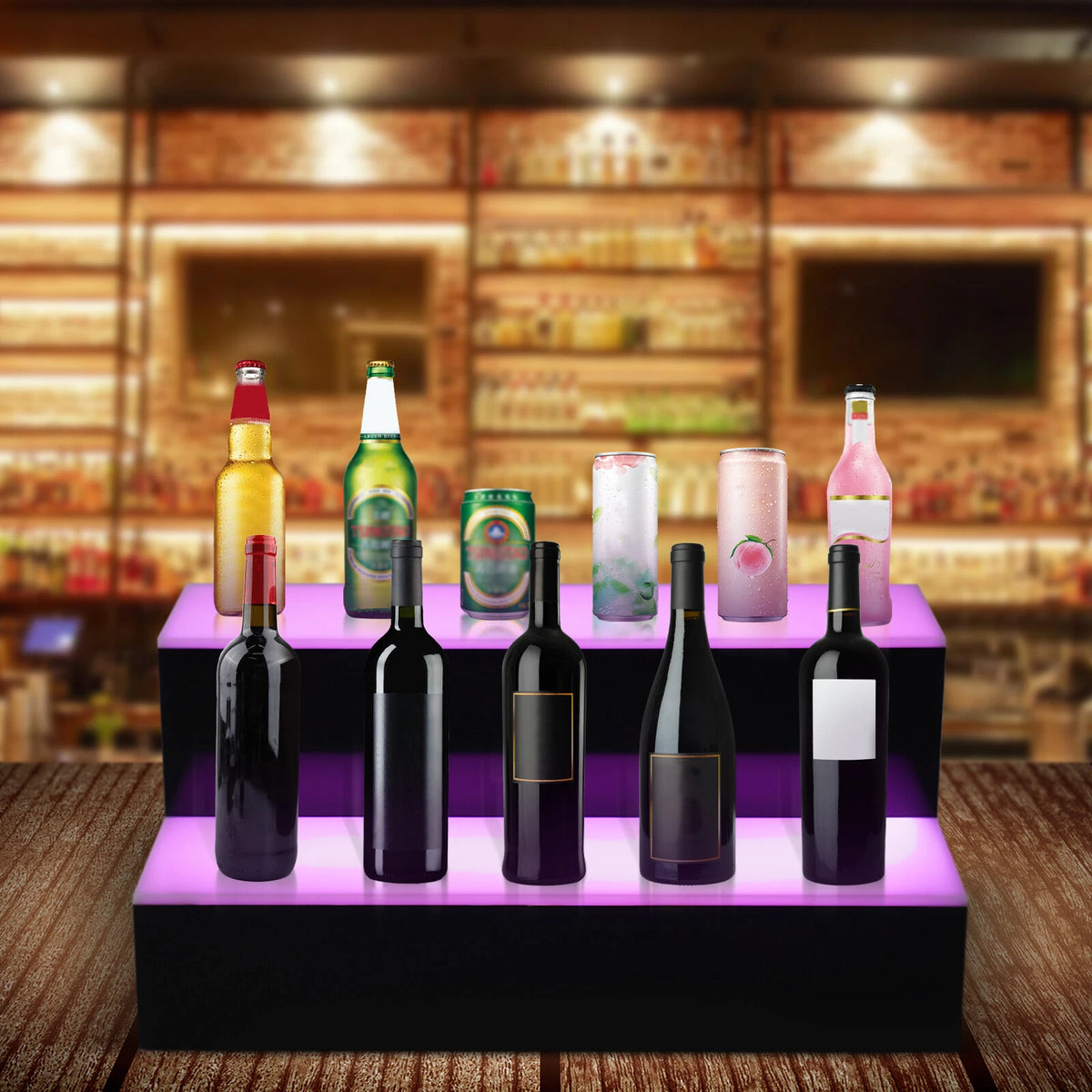 2 Tier LED Lighted Back Bar Liquor Bottle Shelf Display Stand