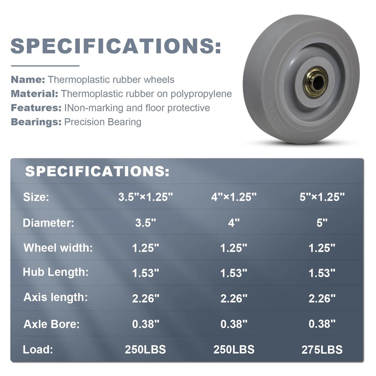 Set of 4 Thermoplastic Rubber Caster Wheels 3.5 Inch Heavy Duty