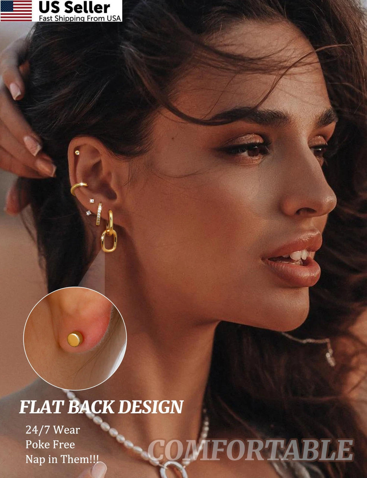 Flat Back Earrings for Women - 14K Gold Plated, Multiple Sizes