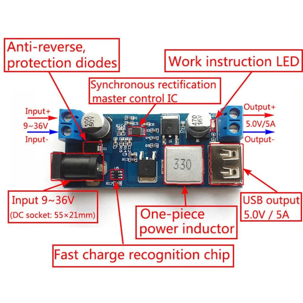 8 Packs 24V/12V to 5V 5A Power Module DC-DC Step-Down Converter