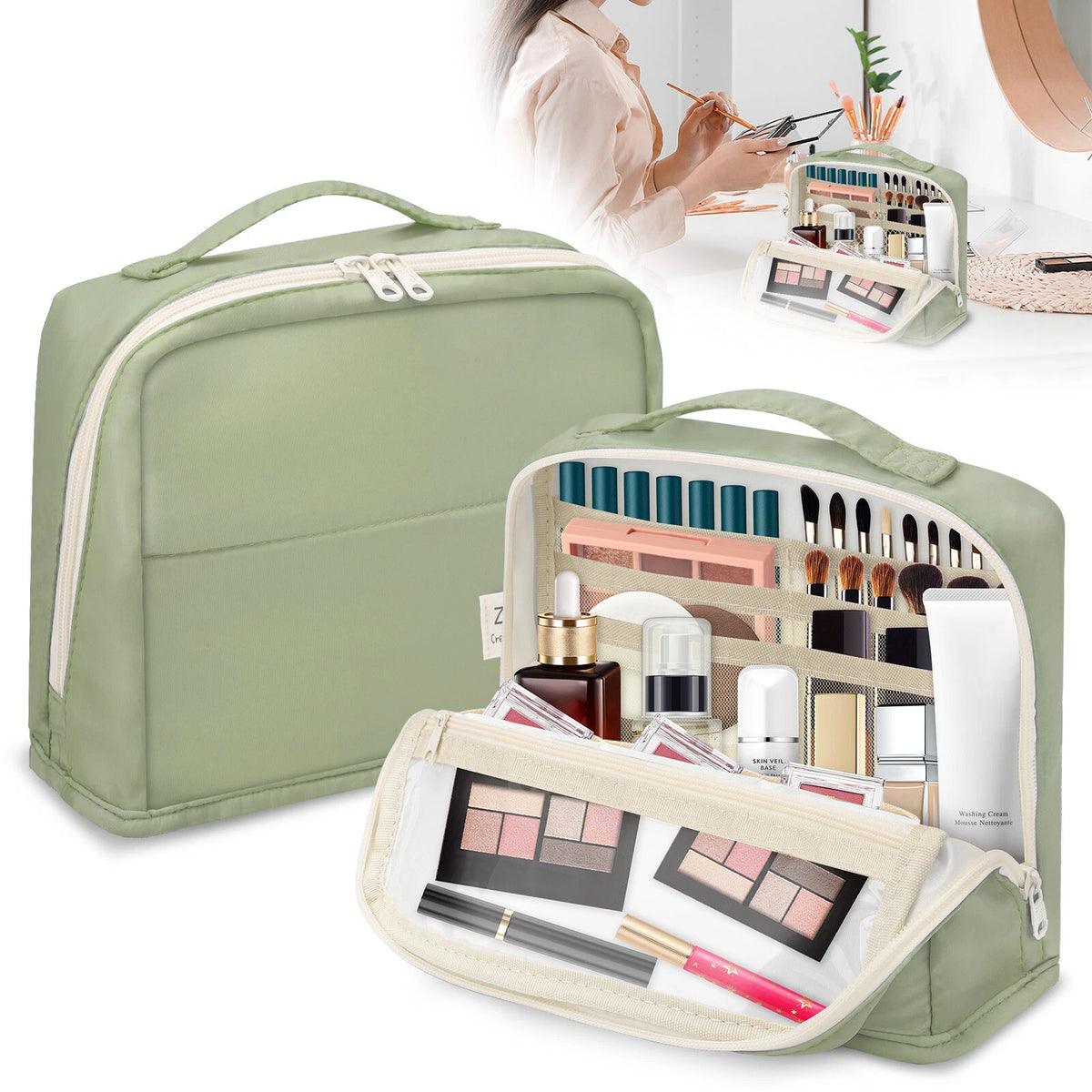 Large Pencil Case Portable Organizer Makeup Bag with Handle - 3 Colors