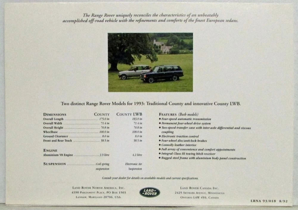 Specifications Card for Land Rover Range Rover County (1993)