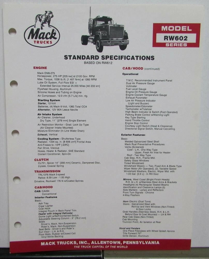Specifications Sheet for Mack Trucks RW602 (1985)