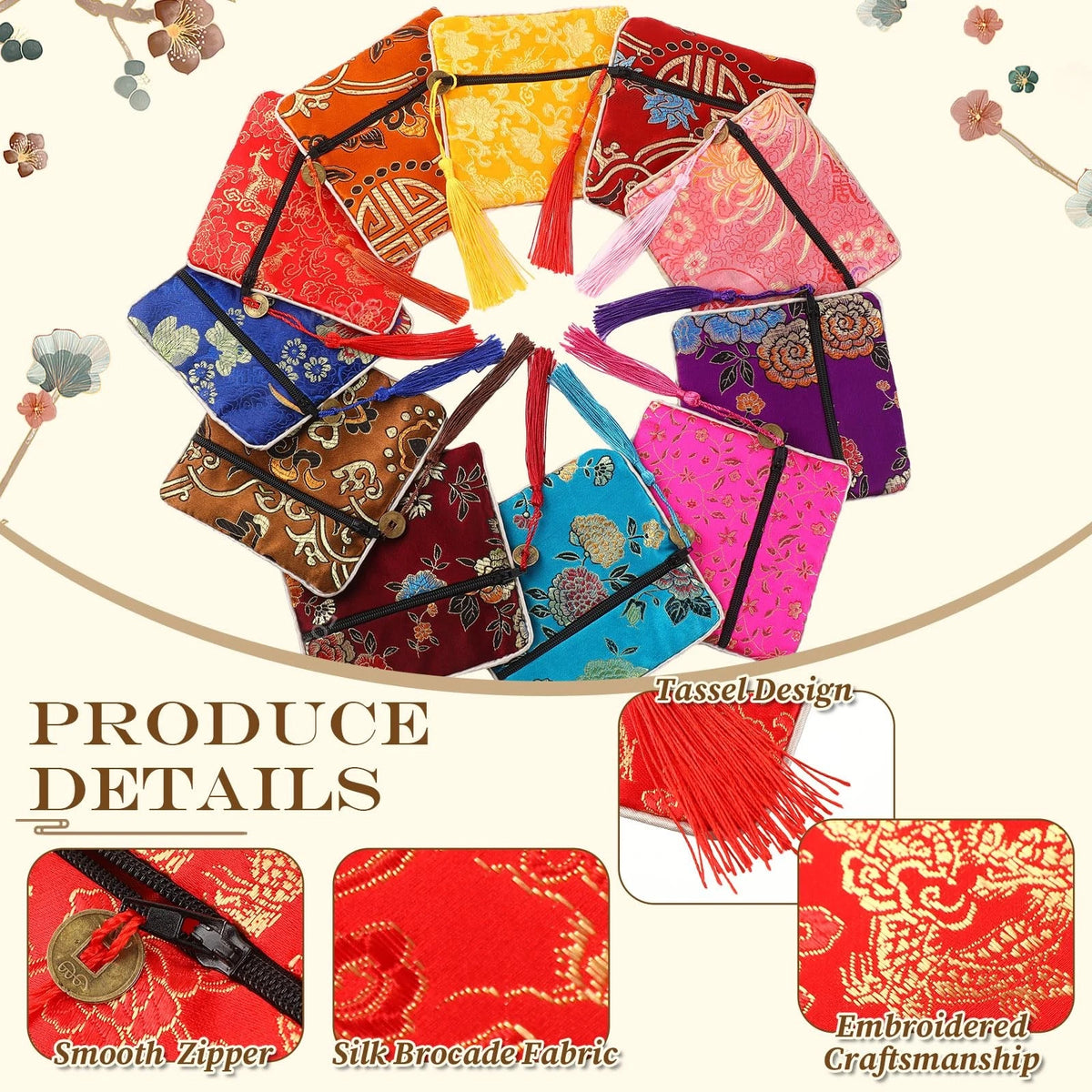 50 Pcs Silk Purse Pouch Gift Bags Bulk, Chinese Brocade Style