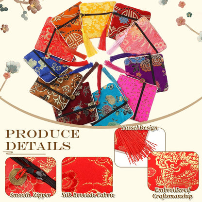 50 Pcs Silk Purse Pouch Gift Bags Bulk, Chinese Brocade Style