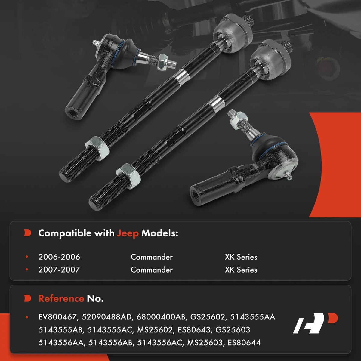 Set of 4 Front Inner & Outer Tie Rod Ends for Jeep Commander (2006–2007) - 52090488AD, 68000400AB, 5143555AA, 5143555AB, 5143555AC, ES80643, ES80644, EV800467