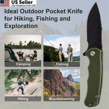 Folding Pocket Knife with 3.15" D2 Steel Blade & Non-Slip G10 Green
