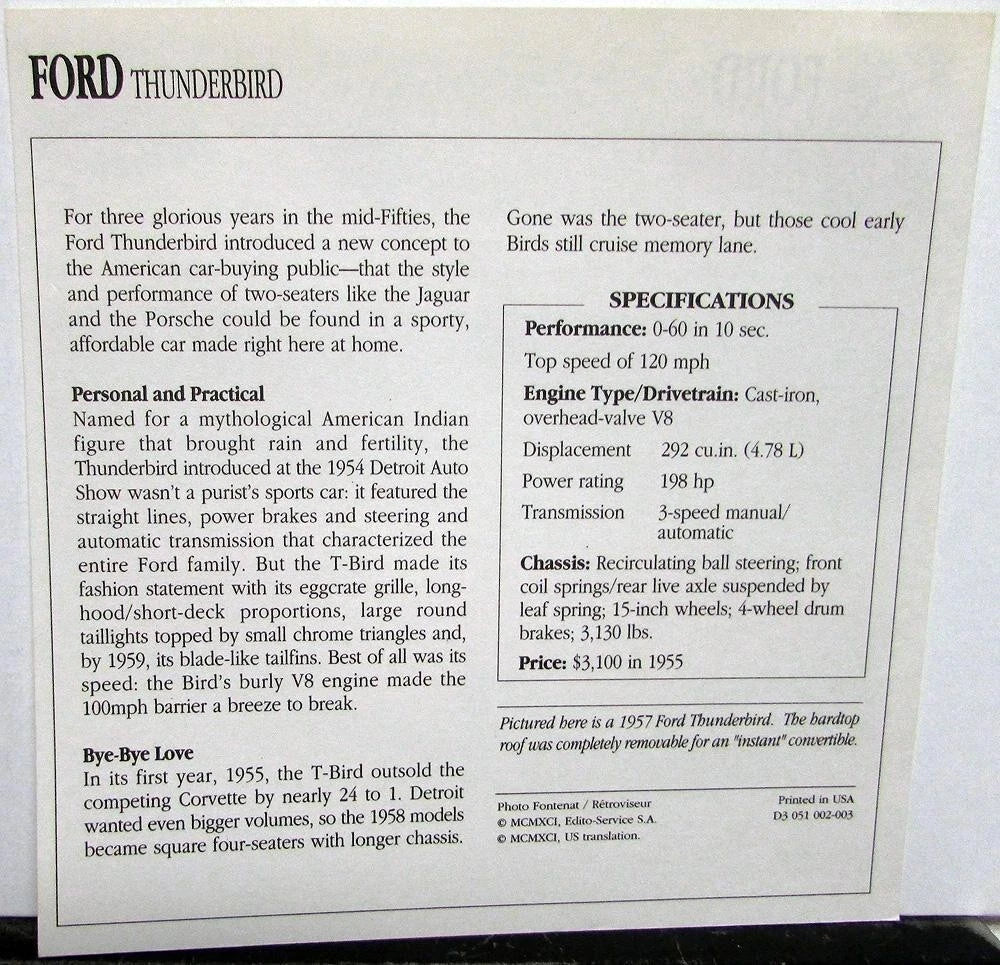 Collectible Photo Specifications Card for Ford Thunderbird (1955–1957)