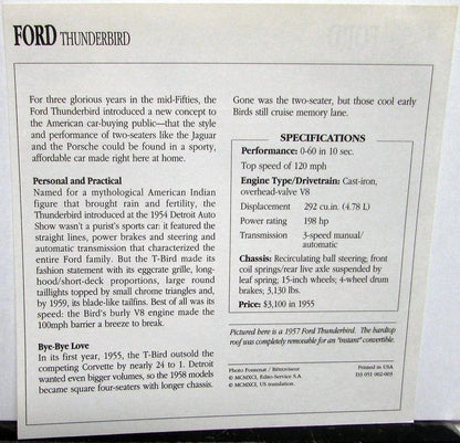 Collectible Photo Specifications Card for Ford Thunderbird (1955–1957)