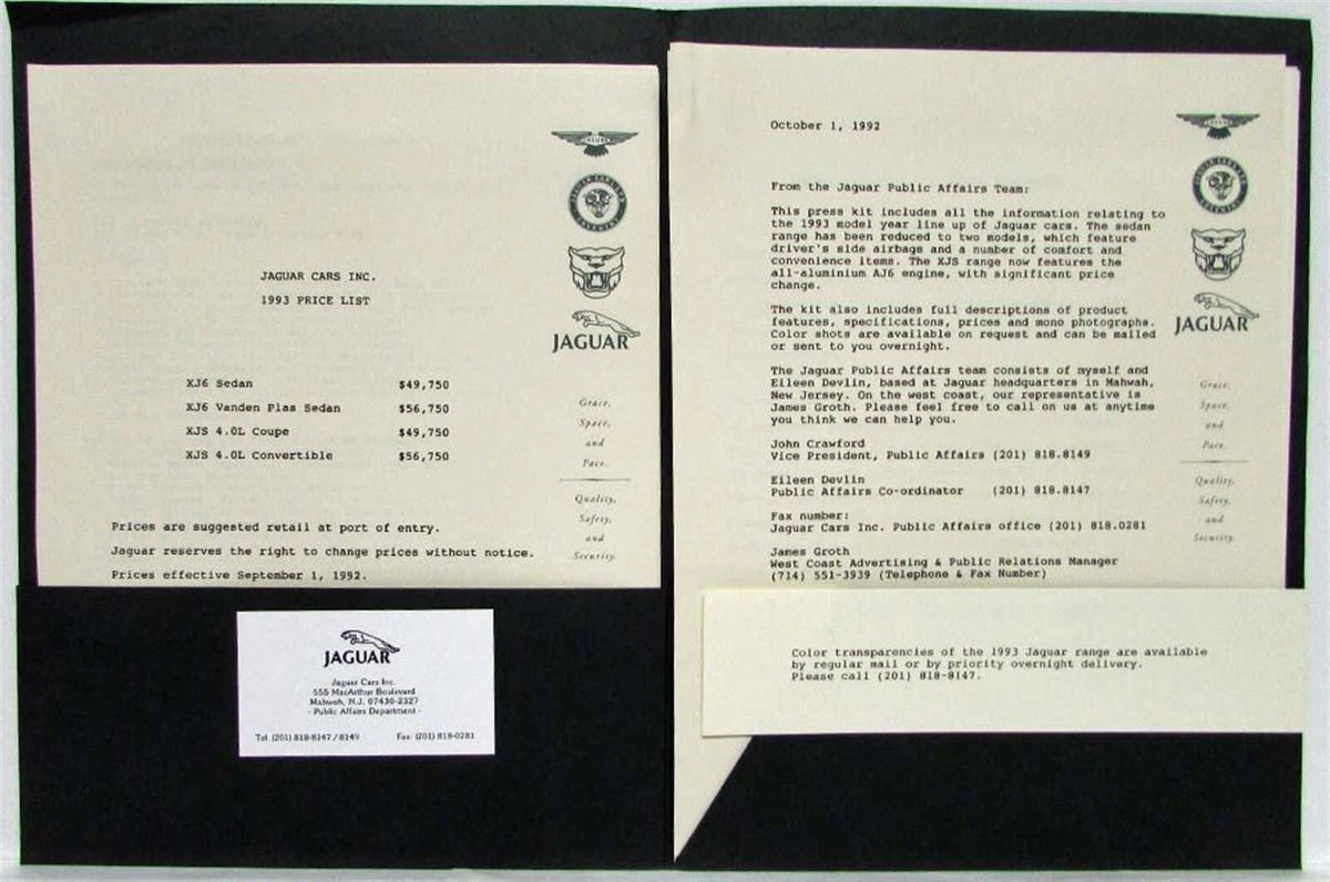 Press Kit for Jaguar XJ6 Vanden Plas XJS (1993)