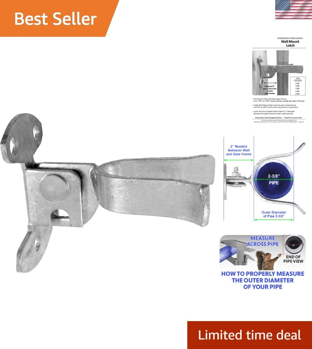 Wall Hook Fork Latch for 2-3/8" Chain Link Gates (2010–2023)