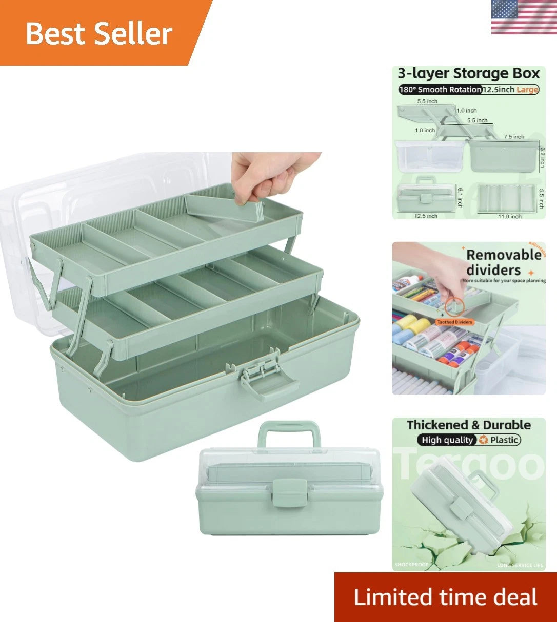 12.5in 3-Layer Craft Organizer for Haze Green (No Part Numbers)