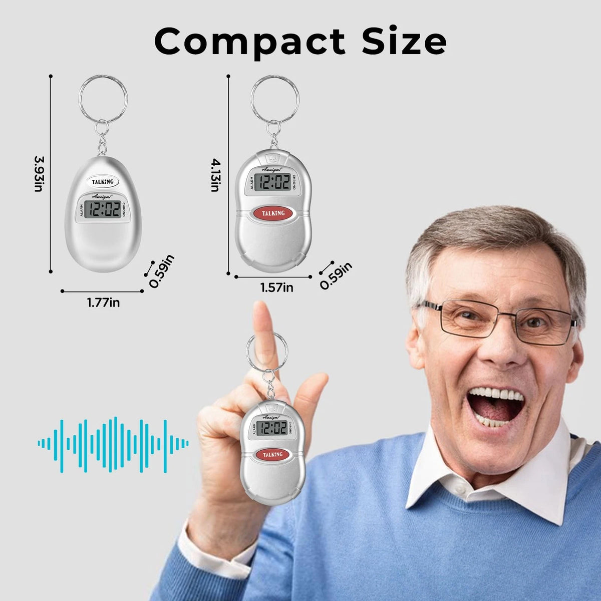 2X Talking Clock Keychain Alarm for Blind (Small, Silver)