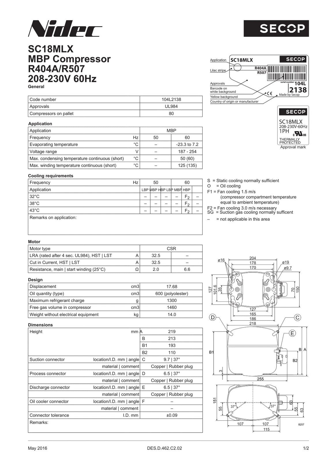 Secop SC18MLX.2 Hermetic Refrigeration Compressor for (230V)
