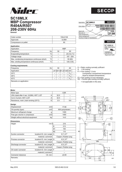 Secop SC18MLX.2 Hermetic Refrigeration Compressor for (230V)