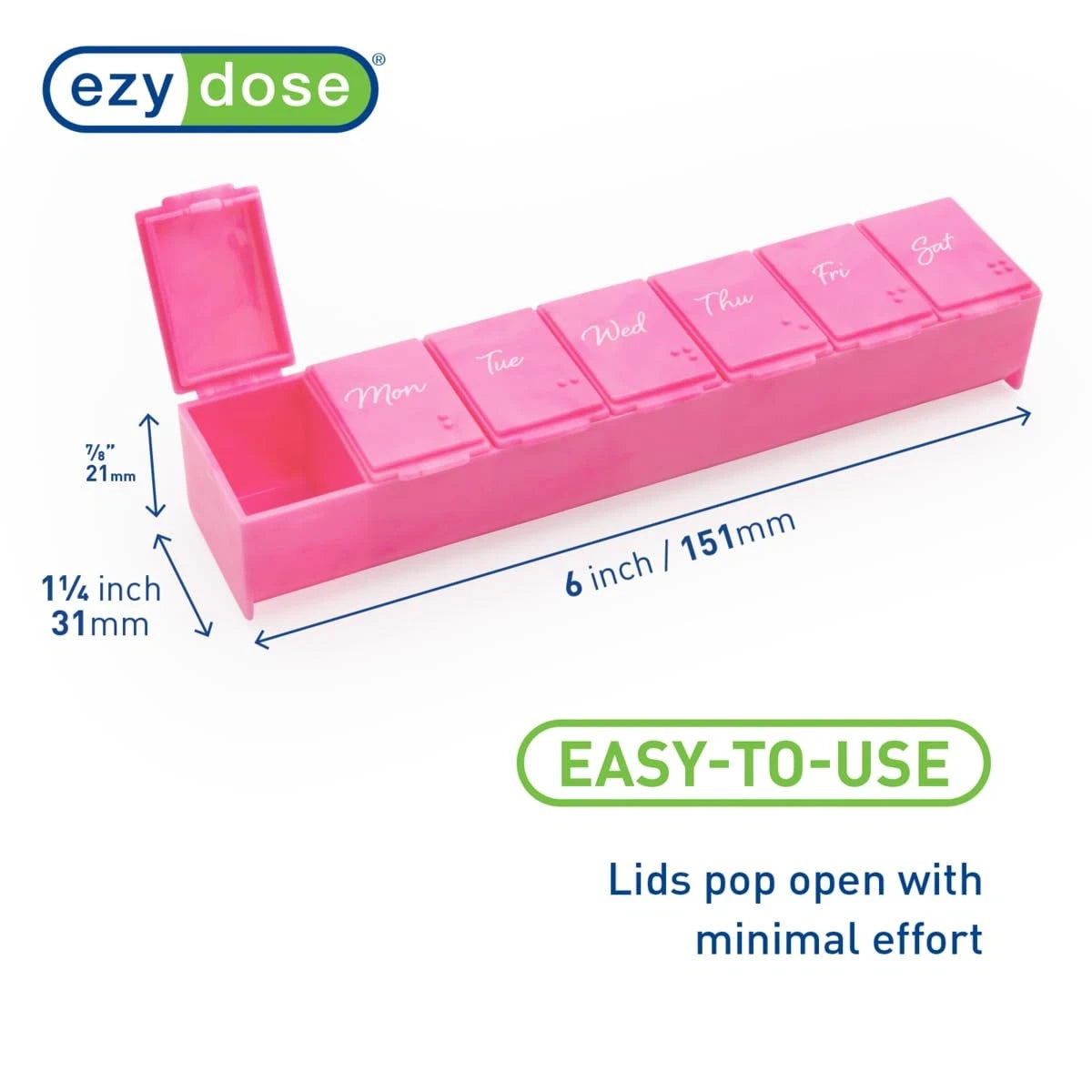 Weekly Pill Case for EZY DOSE (7-Day) - Large 6"x1.3"x0.9", Pink