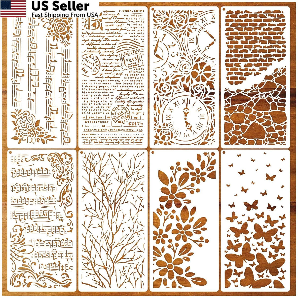 8 Pieces Reusable Stencils for Crafts - Branches & Musical Notes