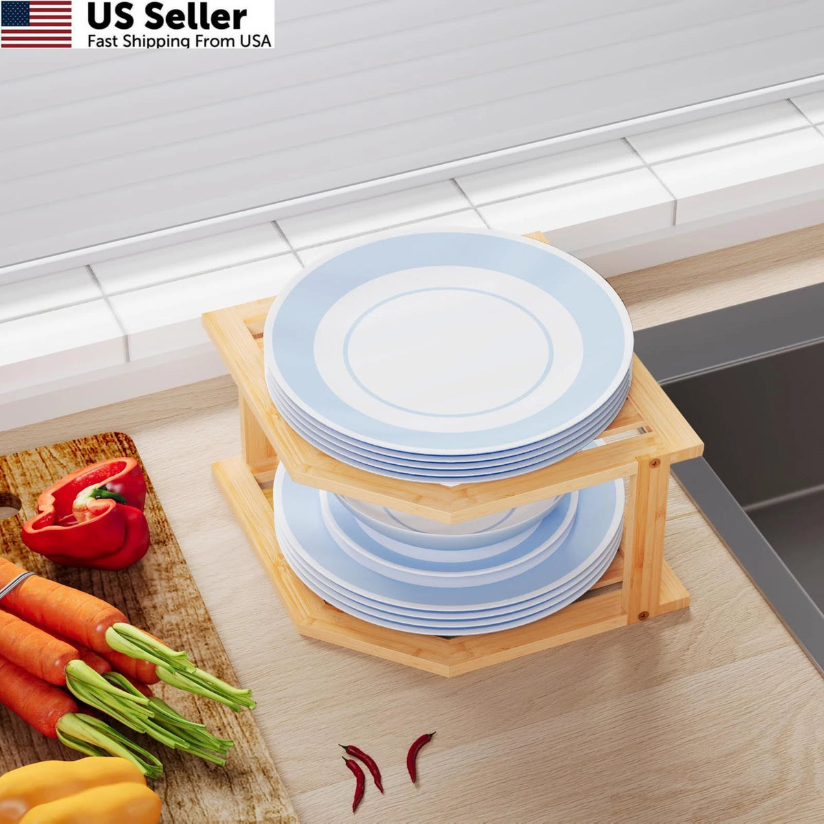 2-Tier Bamboo Corner Shelf for Plate Organizer (1 Pc)