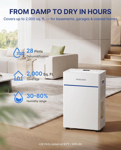 Dehumidifier for Home Garage (2000 SqFt, 28 Pints, 38dB, Auto Defrost)